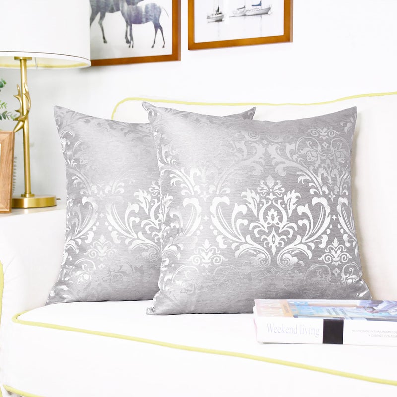 CaliTime Pack of 2 Throw Pillow Covers Cases for Couch Sofa Home Decoration Vintage Damask Floral Shining & Dull Contrast 18 X 18 Inches Silver Gray - Image 5